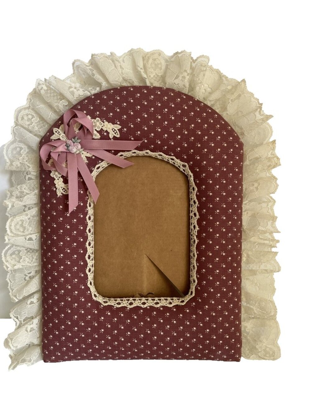 80s mauve floral cottagecore fabric picture frame bow country grandma 5x7